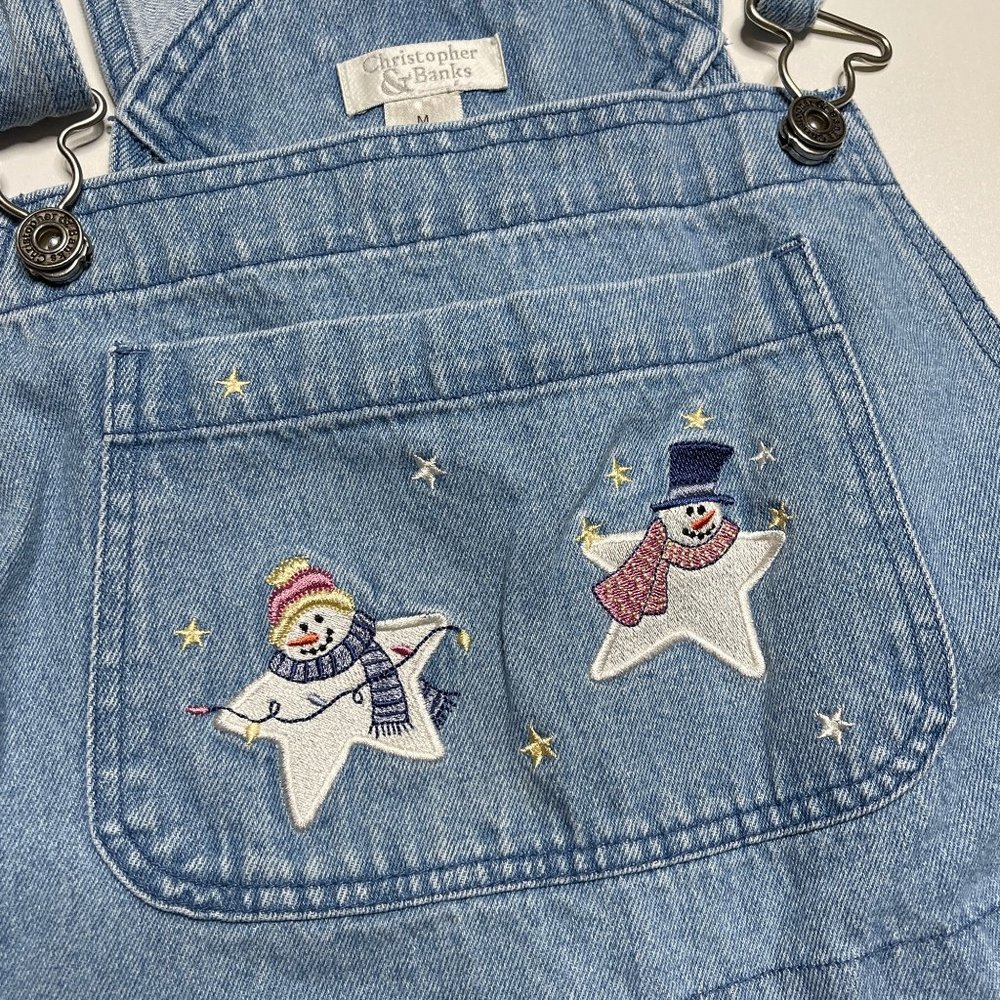 Christopher & Banks Bib Overalls Denim BLue Jean Embroidered Snowman Medium - Picture 9 of 10